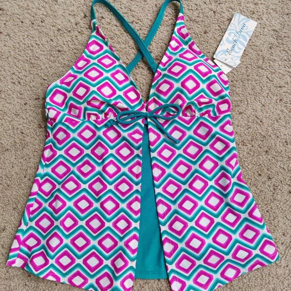 Beach Diva Pink Teal Geometric Tankini Swimsuit Top Size 10 NWT - Picture 1 of 2